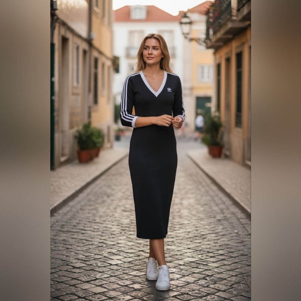 Adidas Black and White Striped Midi Dress